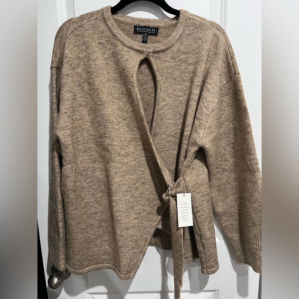 Eloquii Tan Wrap Sweater with Keyhole opening